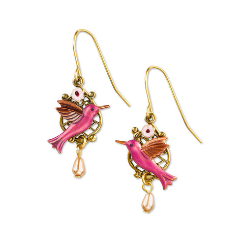 Pink Hummingbird and Pearl Earrings
