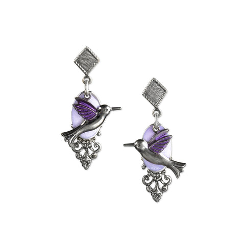 Silver and Purple Hummingbird Silver Forest Earrings