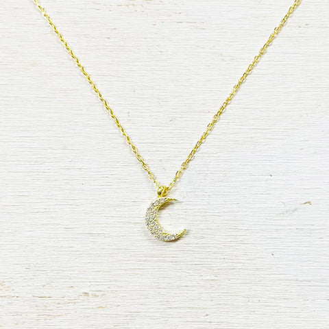 Sterling Silver Gold Plated Pavé Crescent Moon Necklace