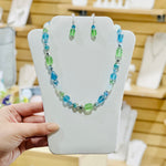 Fashion Blue and Green Sea Glass Necklace and Earring Set