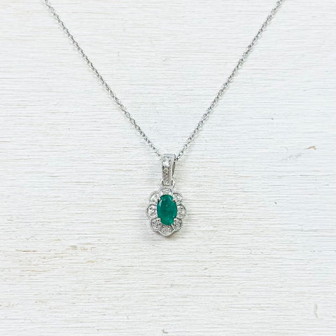 Sterling Silver Emerald and Diamond Necklace