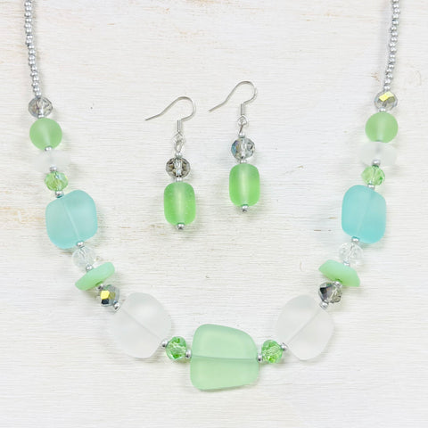 Fashion Green Sea Glass Necklace and Earring Set