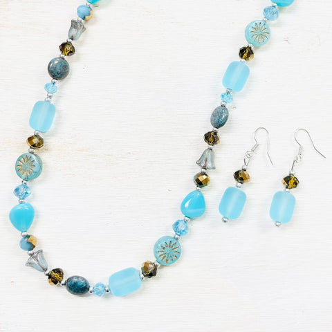 Fashion Blue Glass Bead Necklace and Earring Set