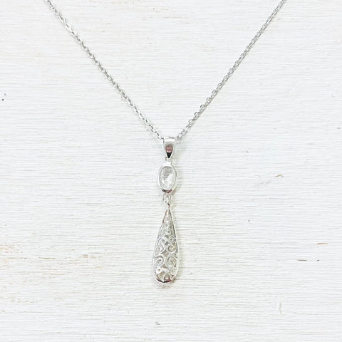 Sterling Silver Clear Stone Filigree Teardrop Necklace