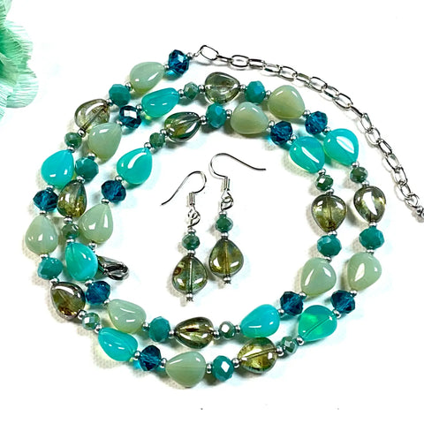 Fashion Green Glass Bead Necklace and Earring Set