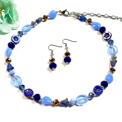 Fashion Blue Glass Bead Necklace and Earring Set