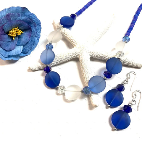 Fashion Blue Sea Glass Necklace and Earring Set