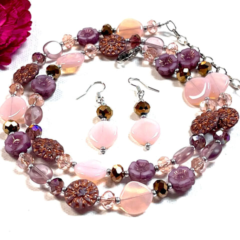 Fashion Pink Glass Bead Necklace and Earring Set
