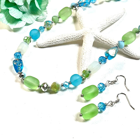 Fashion Blue and Green Sea Glass Necklace and Earring Set