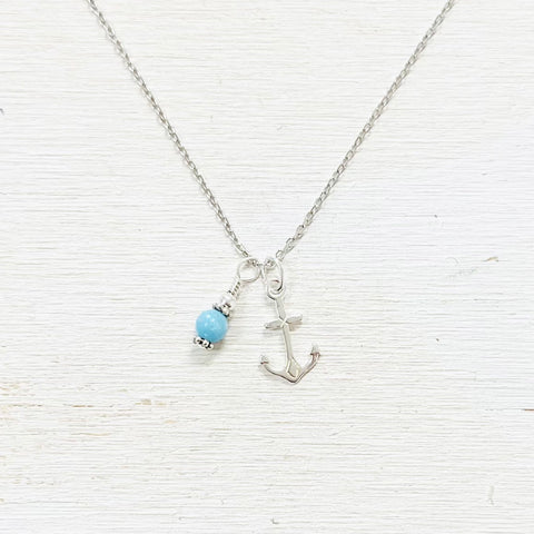 Sterling Silver Anchor and Larimar Drop Necklace