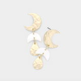 Hammered Metal Crescent Moon Teardrop Link Dangle Earrings
