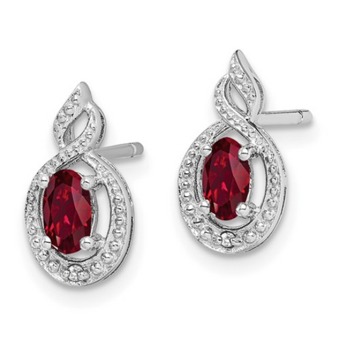 Sterling Silver July Created Ruby and Diamond Earrings