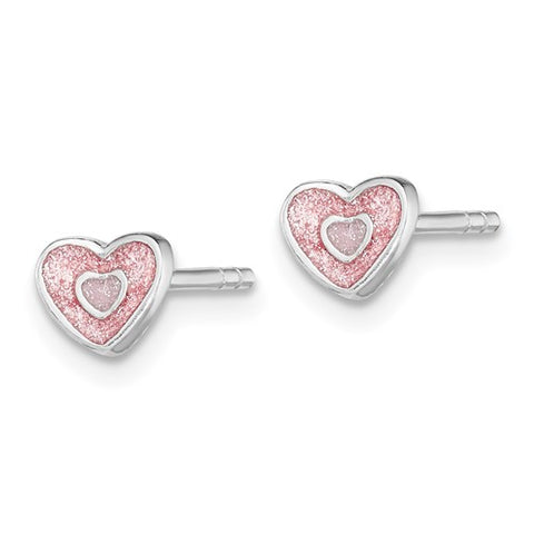 Sterling Silver Children’s Pink Glitter Heart Earrings