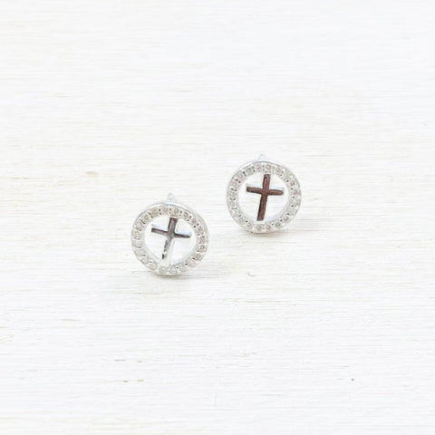 Sterling Silver Children’s CZ Circle Cross Earrings