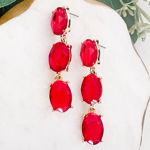 Fashion Gold Tone 3 Red Stone Dangle Earrings