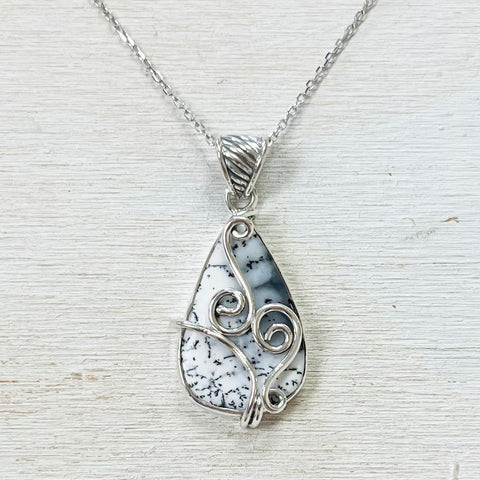 Sterling Silver Black and White Stone Swirl Necklace