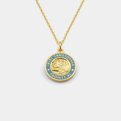 Medium St. Christopher Surf Necklace, Gold/Baby Blue