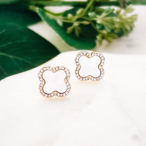 Fashion Gold Tone Mother of Pearl Quatrefoil Studs