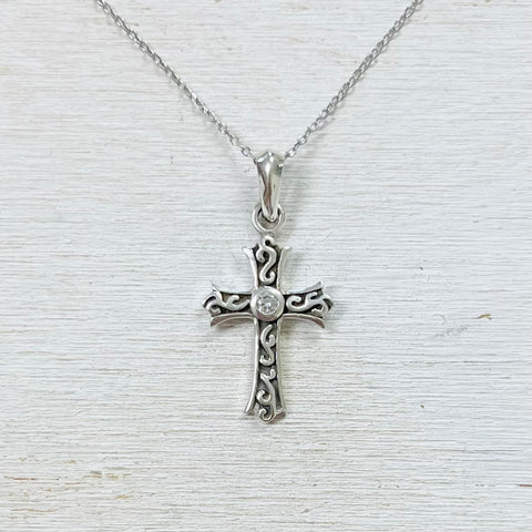 Sterling Silver Filigree Cross w/ Center CZ