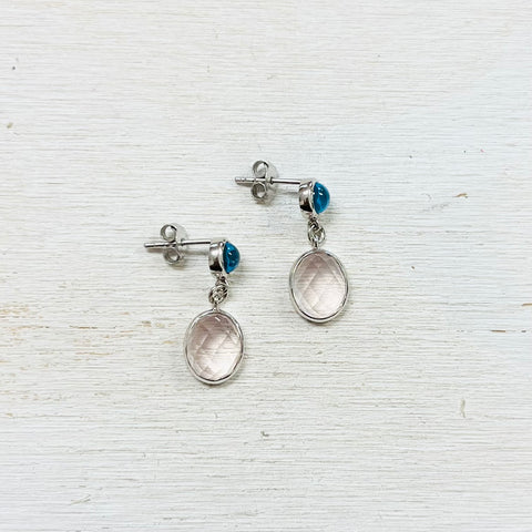 Sterling Silver Blue Topaz and Rose Quartz Dangle Earrings