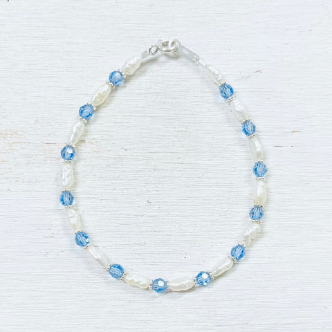 Sterling Silver Pearl and Blue Bead Bracelet