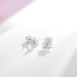 Sterling Silver Child In Season Flower Earrings with Pink CZ Center