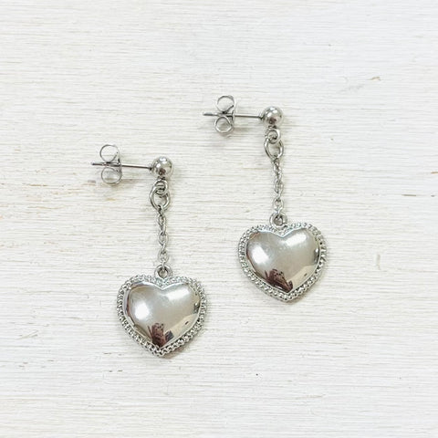 Stainless Steel Estate Heart Dangle Earrings