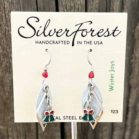 Silver Forest Red Green and Silver Bell Earrings