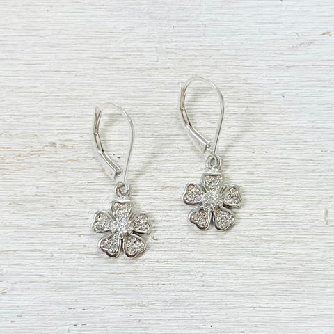 Sterling Silver CZ Flower Dangle Earrings