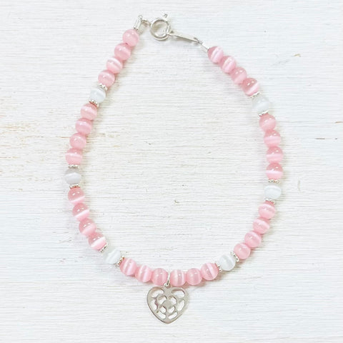 Sterling Silver Children’s Pink Beaded Heart Bracelet