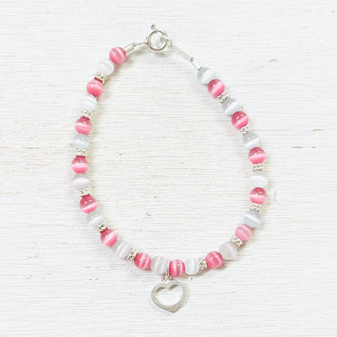 Sterling Silver Children’s Pink Beaded Heart Bracelet