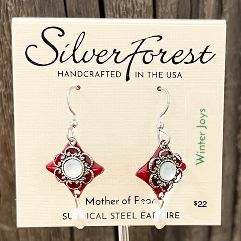 Silver Forest Mother of Pearl and Red Diamond Shape Earrings