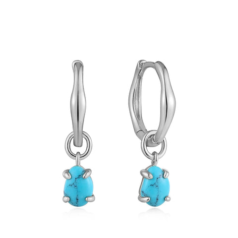 Silver Turquoise Drop Wave Huggie Hoops