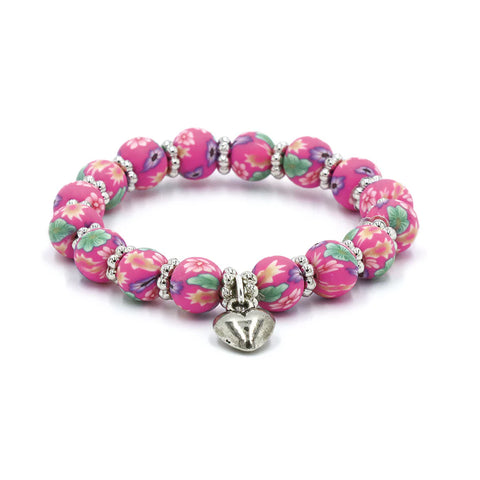 Kids Clay Bead Bracelet - Bright Pink Floral