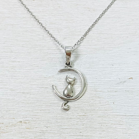 Sterling Silver Cat on the Moon Necklace