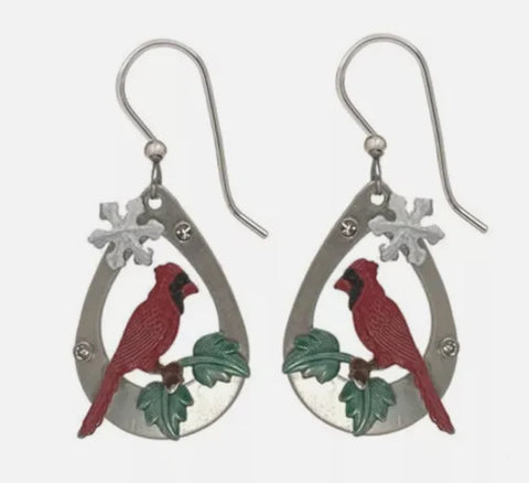 Silver Forest Christmas Cardinal Earrings