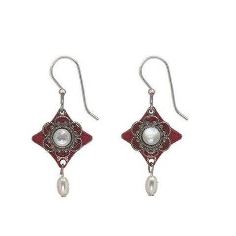 Silver Forest Red Enamel & Mother of Pearl Earrings