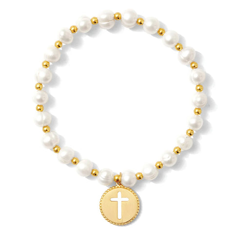 Plated Pearl & Cross Charm Stretch Bracelet