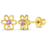 Sterling Silver Gold Plated Toddler Flower Earrings w/ pink CZ center