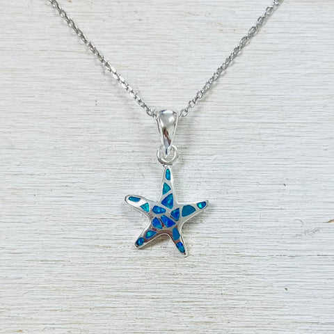 Sterling Silver Created Opal Starfish Necklace