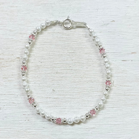 Sterling Silver Freshwater Pearl & Pink Crystal Children’s Bracelet