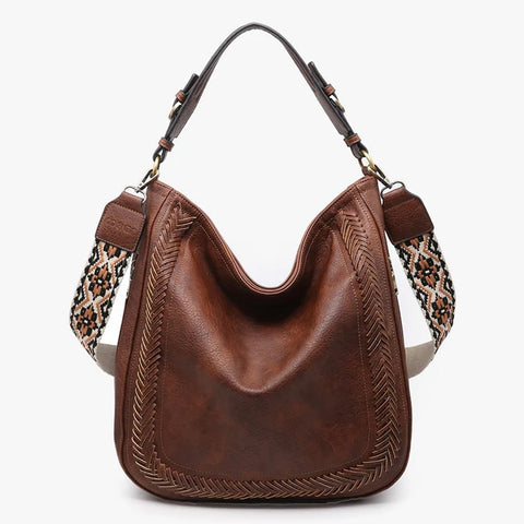 Rust Brown Aris Hobo Bag with Embroidered Guitar Strap