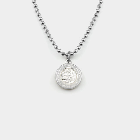 Small St. Christopher Surf Necklace, Silver/White