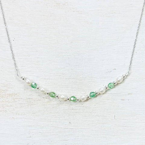 Sterling Silver Green Crystal and Pearl Necklace