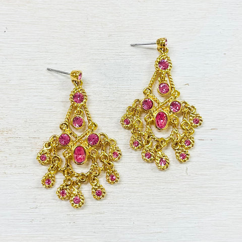 Fashion Gold Tone Pink Chandelier Earrings