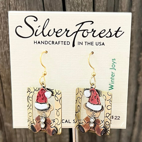 Silver Forest Teddy Bear in Santa Hat Earrings