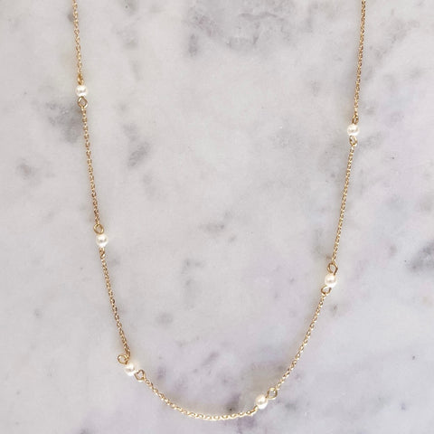 Fashion Gold Tone Dainty Pearl Station Necklace