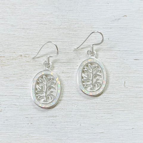 Sterling Silver Created Opal Tree of Life Earrings