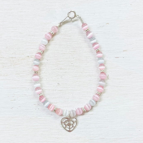 Sterling Silver Children’s Pink Beaded Heart Bracelet