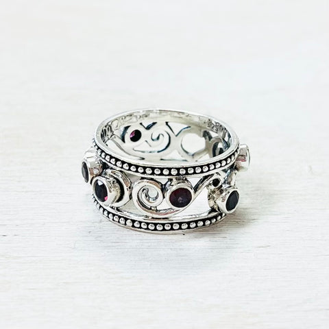 Sterling Silver Red Stone Wide Band Ring